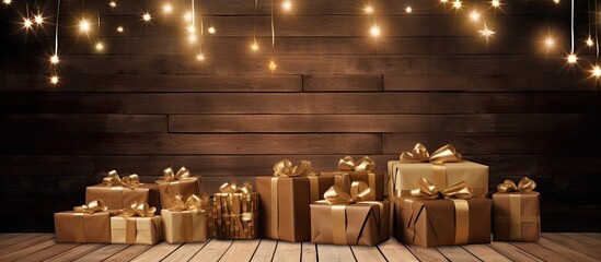 Wall Mural - A festive backdrop with gift boxes is set against a beautiful brown backdrop made of vintage boards The birthday celebration is indicated by a number 31 creating ample copy space for additional eleme