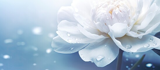 Poster - Fresh white peony flower blooming in the garden with dew laden petals creating a delicate floral background offering ample copy space for a captivating image