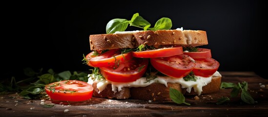 Poster - A close up image of a sandwich with mozzarella and tomato with a shallow depth of field providing ample copy space