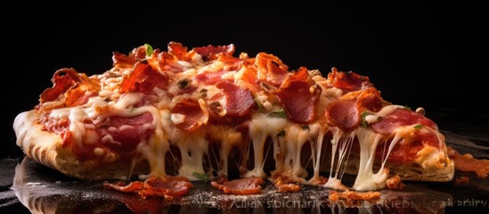 Poster - A delicious slice of pizza topped with crispy bacon and melted cheese perfect for a copy space image