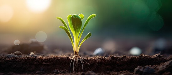 Poster - A close up of a sprouting plant with the soil Copy space image representing the concept of combining nature conservation and agriculture through planting beet seedlings in the ground