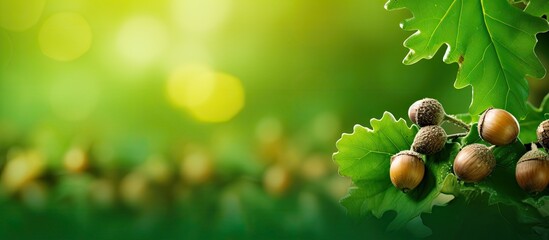 Poster - A close up of green oak tree leaves and acorns set against a colorful background creating a copy space image