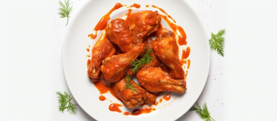 Poster - Top view of spicy fried chicken wings in paprika sauce presented on a white plate against a white backdrop leaving ample space for additional images or text