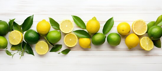 Aufkleber - A top down view of lemons and limes arranged on a white wooden table accompanied by fresh green leaves There is ample space for your text in the image