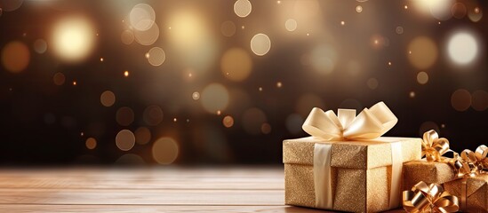 Poster - There is a Christmas themed giftbox on a wooden background suitable for displaying designer text The image has empty space surrounding it. Creative banner. Copyspace image