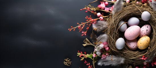 Poster - A visually appealing holiday greeting card with a creative flat lay top view featuring chicken nests adorned with painted Easter eggs The dark tabletop provides an ideal copy space for text
