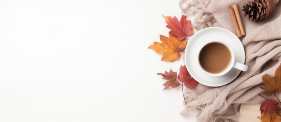 Sticker - A cozy autumn home composition with dried leaves a cup of coffee a book a scarf and flowers on a white background The image showcases the essence of fall with a flat lay top view and copy space