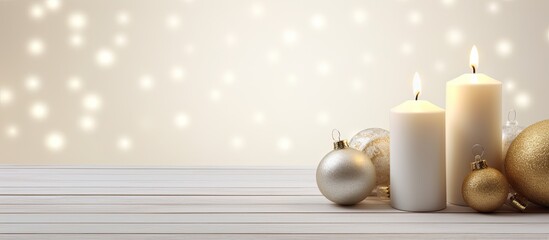 Poster - A festive copy space image showcasing a candle and Christmas toys adorning a beautiful Christmas tree set against a backdrop of a white wooden background