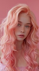 Wall Mural - Portrait of a woman with pastel pink hair against a pink background Generative AI image