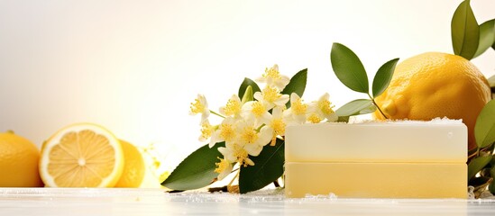 Poster - Copy space image of a light background showcasing a refreshing homemade soap infused with the delightful scent of lemon and cotton flower