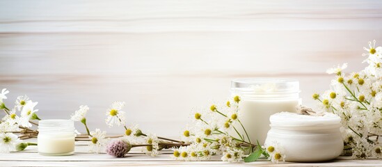 Poster - A copy space image of herbal flowers adorns a white wooden table showcasing a selection of cosmetic creams lip balm soap and bath salt