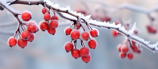 Fototapete - A picturesque copy space image capturing frozen red berries adorned with hoarfrost on a chilly winter day
