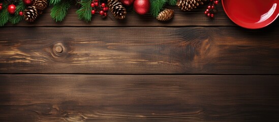 Poster - Top view of a Christmas table place setting placed on a wooden background with ample copy space It creates a festive holiday ambiance