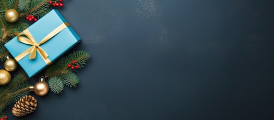 Leinwandbilder - Top view flat lay of Christmas gift boxes and a fir tree on a blue background providing copy space for your greetings
