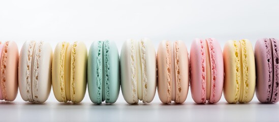 Aufkleber - A colorful array of pastel almond cookies known as macarons is placed on a light background with ample space for additional images or text