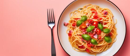Wall Mural - Delicious pasta dish with a fork fresh tomato and basil on a pink background providing ample space for text
