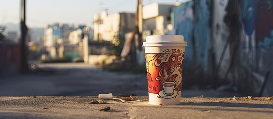 Poster - There is a copy space image of a paper cup of coffee with a word on a paper sticker in the street