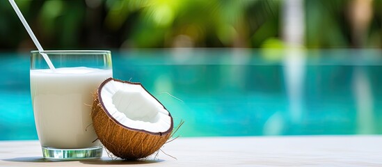 Sticker - A tropical setting with a refreshing glass of coconut juice and a straw perfect by the pool for relaxation and enjoyment copy space image