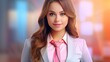 © Login - Portrait of a young beautiful woman with long wavy hair in suit. Business lady. Confident female entrepreneur. Close-up of the face against the backdrop of the office. Illustration for cover, ad, etc.
