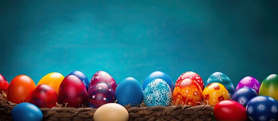 Fototapete - Colorful Easter eggs in a woven basket on a colored background portraying a holiday concept with ample space for text or images
