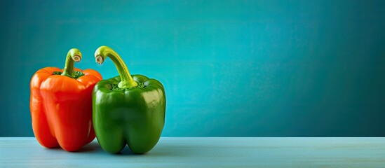 Poster - A colorful sweet pepper and paprika lie on a vibrant green table with a blue background providing a perfect copy space image