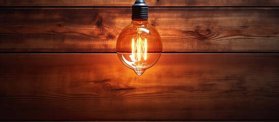 Poster - A vintage colored light bulb glows on a wooden plank in a silhouette background with a bottom view perspective The image has copy space