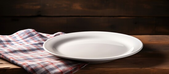 Aufkleber - Copy space image of a white plate resting on a striped napkin on the backdrop of an aged wooden table