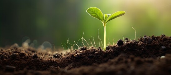 Wall Mural - A green sprout emerging from a seed planted in nutrient rich organic soil with a pleasant copy space image