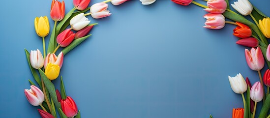 Leinwandbilder - A multi colored copy space image featuring a round frame of spring tulips in various vibrant shades of red pink white and yellow set against a blue background