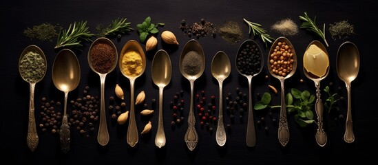 Poster - Toned copy space image of aged metal spoons arranged with herbs and spices on a dark background