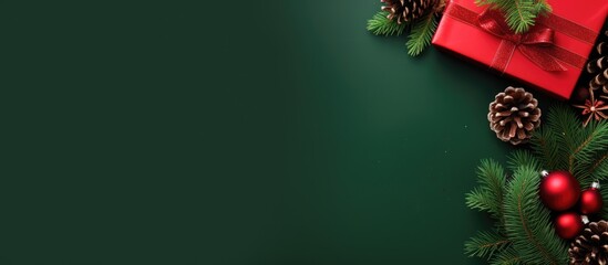 Poster - Top view of a Christmas themed copy space image featuring a festive red background adorned with a green gift box a red sock spruce branches pine cones red berries and a bell