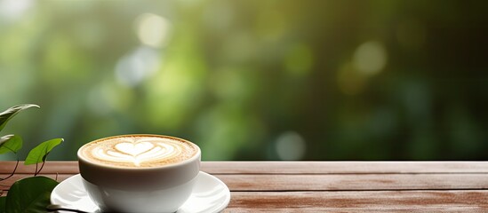 Aufkleber - On a vintage wooden table with a blur of green nature in the background there is a copy space image of a white cup of hot latte coffee adorned with heart shaped latte art