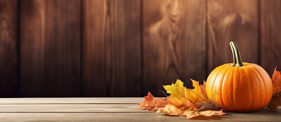 Poster - Autumn themed pumpkin with maple leaves placed on a wooden table creating a captivating background for the harvest season especially for Thanksgiving Day Copy space image