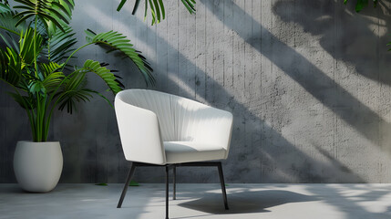 Wall Mural - Decorative white chair and plant style in the room interior concept decoration grey stone wall frame and carpet design : Generative AI