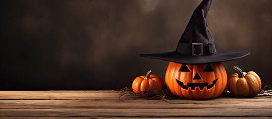 Poster - A wooden surface features a Halloween pumpkin jack o lantern adorned with a witch hat creating a visually appealing image with plenty of copy space