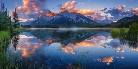 Wall Mural - sunset in the mountains at a calm lake reflecting the peaks