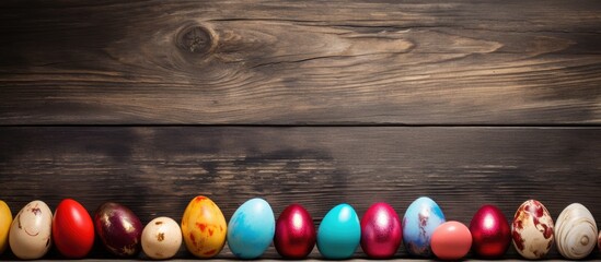Aufkleber - A vibrant assortment of Easter eggs placed on a rustic wooden surface creating a visually appealing and lively composition for a copy space image