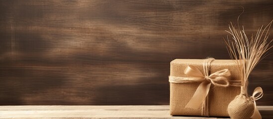 Poster - Craft gift box placed on a wooden table with raffia or twine providing ample copy space in the image