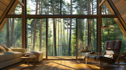 Interior of vacation rental forest lodge countryside cabin with large terrace and big window among trees for holidays in the wilderness Modern hideaway cottage in wild pine forest on r : Generative AI