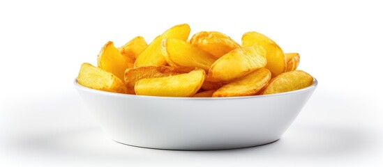 Poster - A crispy potato is served in a small bowl on a white background with plenty of space for text or other elements. Creative banner. Copyspace image