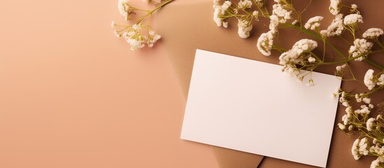 Fototapete - A top down view of a greeting card mockup placed on a beige background accompanied by an envelope dried gypsophila flowers twigs and ample copy space for text placement