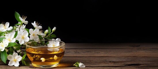 Poster - A copy space image of jasmine tea adorned with fragrant jasmine flowers set against a rustic wooden background