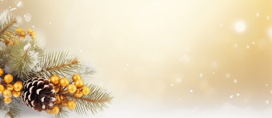 Aufkleber - Festive Christmas copy space image features a snowy white spruce branch adorned with cones on a golden background perfect for adding text