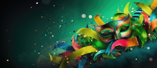 Poster - A vibrant carnival party with colorful masks streamers and confetti set against a vivid green backdrop showcasing a festive banner Copy space image