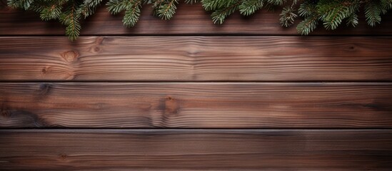 Poster - A top down view of a Christmas wooden background with copy space image featuring fir branches Perfect for creating New Year templates advertising layouts and festive greeting cards