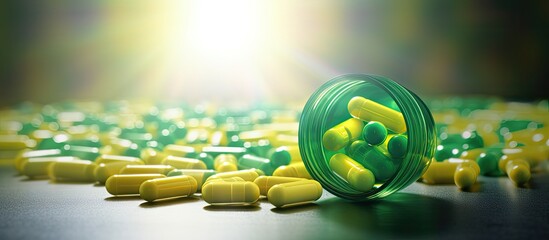 Aufkleber - A copy space image features green and yellow pills or capsules used as a drug prescription for medication treatment The pharmaceutical medicament in a container serves as a cure for health potentiall