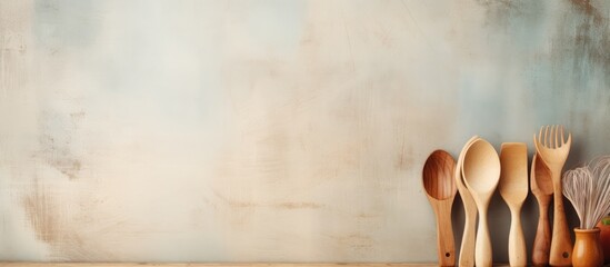 Poster - Copy space image of kitchen utensils on a light textured background with an empty wooden cutting board