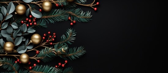 Poster - A festive New Year greeting card showcasing Christmas decorations xmas tree branches all elegantly arranged on a black background The top view offers a charming copy space image