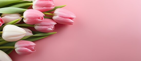 Aufkleber - A charming greeting card featuring Easter eggs and tulip flowers against a delightful pink background perfect for sending warm wishes Copy space image