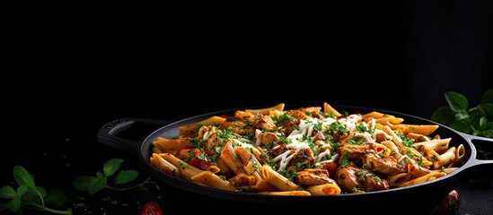 Aufkleber - Italian penne pasta with chicken cooked in a flavorful tomato sauce garnished with parsley showcased in a pan and placed on a black background for a visually appealing copy space image